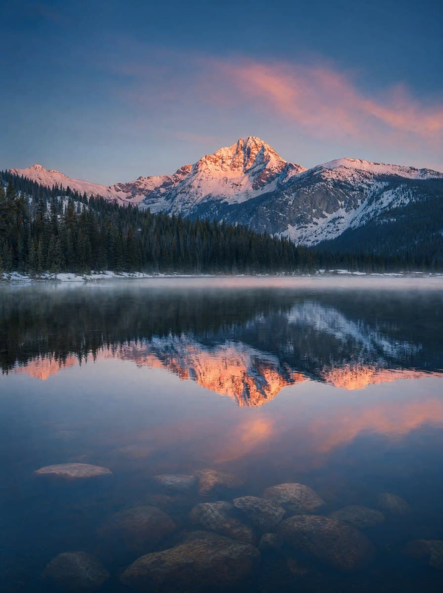 Still water at first light with an alpenglow peak reflected, on the edge of Rocky Mountain National Park