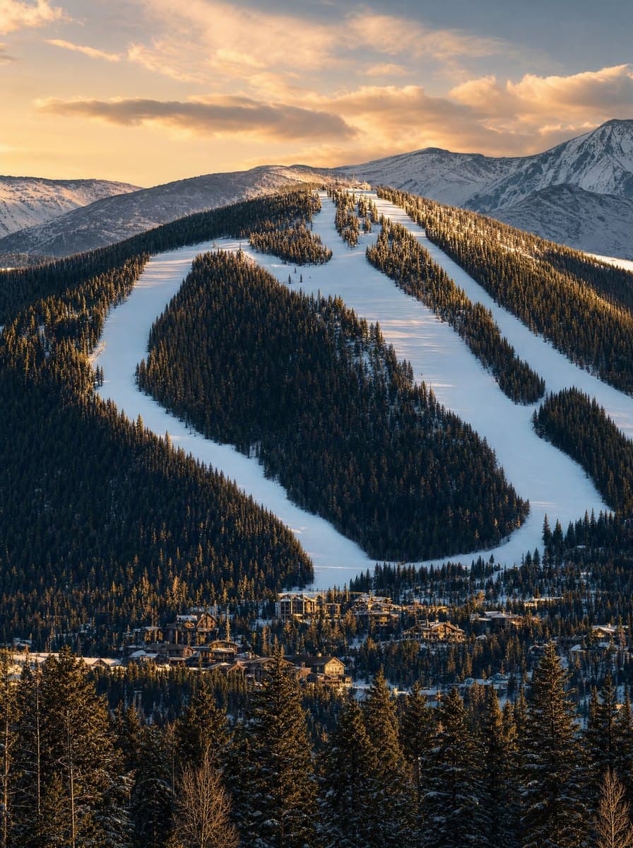 Winter Park Resort at sunset, ski runs above the base area and the Continental Divide behind