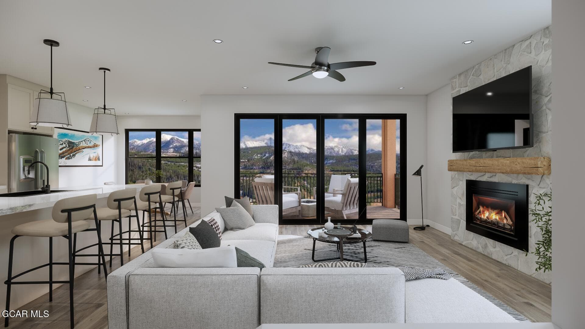 Living Room & Covered Deck Rendering