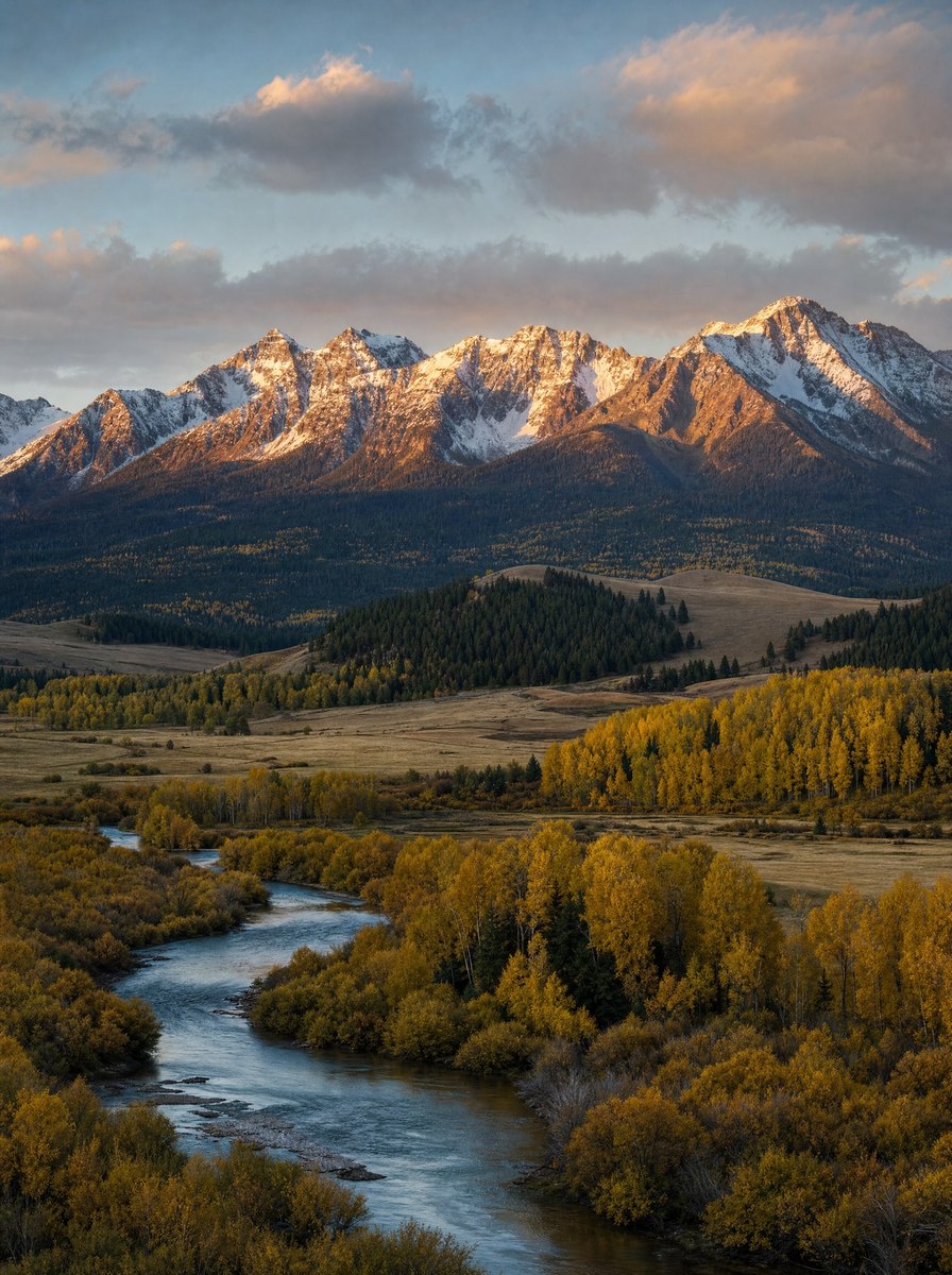 The Fraser River winding through the valley in autumn with the snow-dusted range beyond