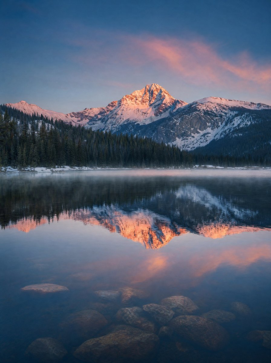 Still water at first light with an alpenglow peak reflected, on the edge of Rocky Mountain National Park