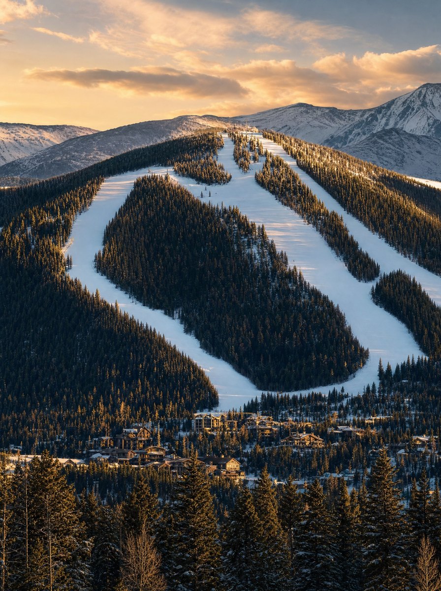 Winter Park Resort at sunset, ski runs above the base area and the Continental Divide behind